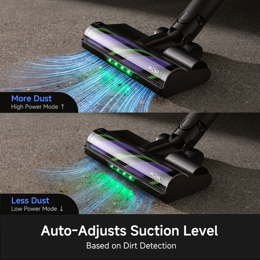 Cordless stick vacuum floor head on carpet in high and low power modes
