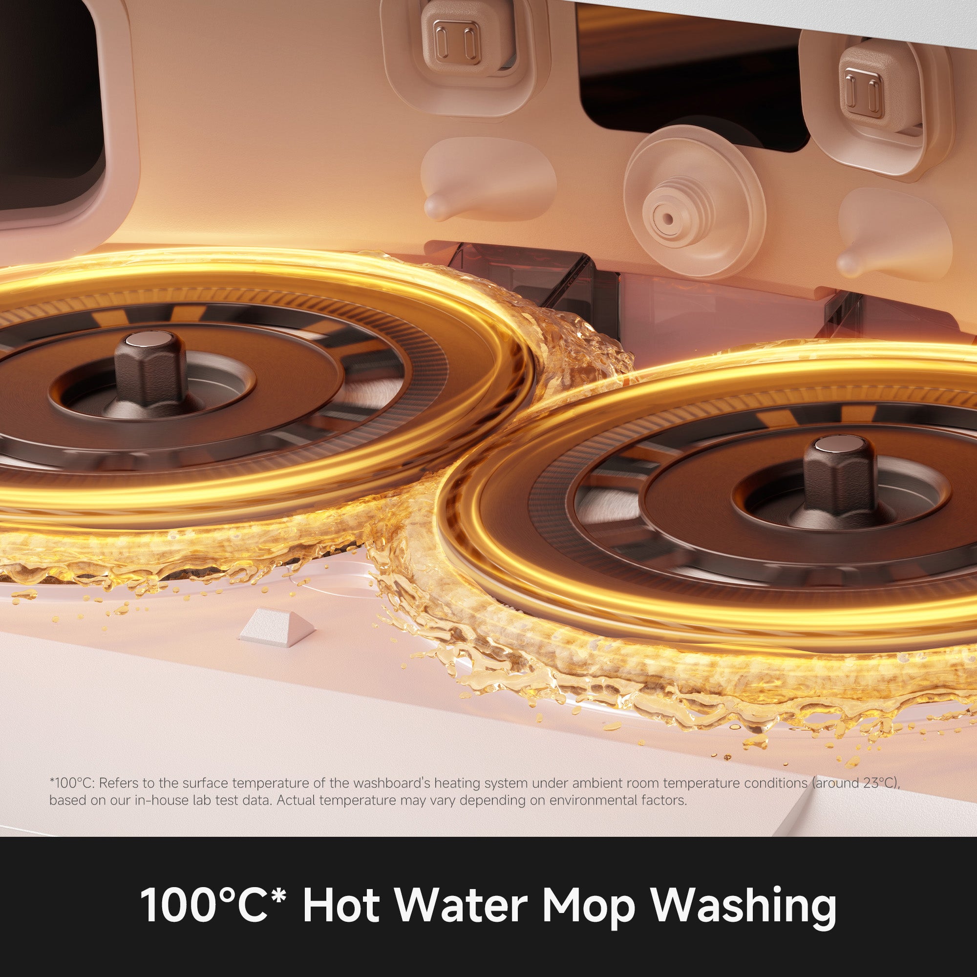Robot vacuum mopping area with glowing brush/roller and hot-water wash zone