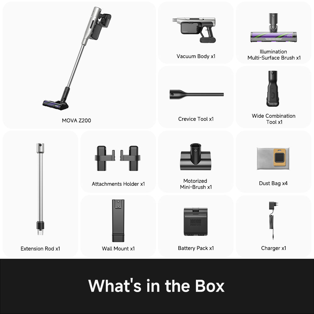 Stick vacuum with extension rod, mini motorized brush, crevice tool and charger
