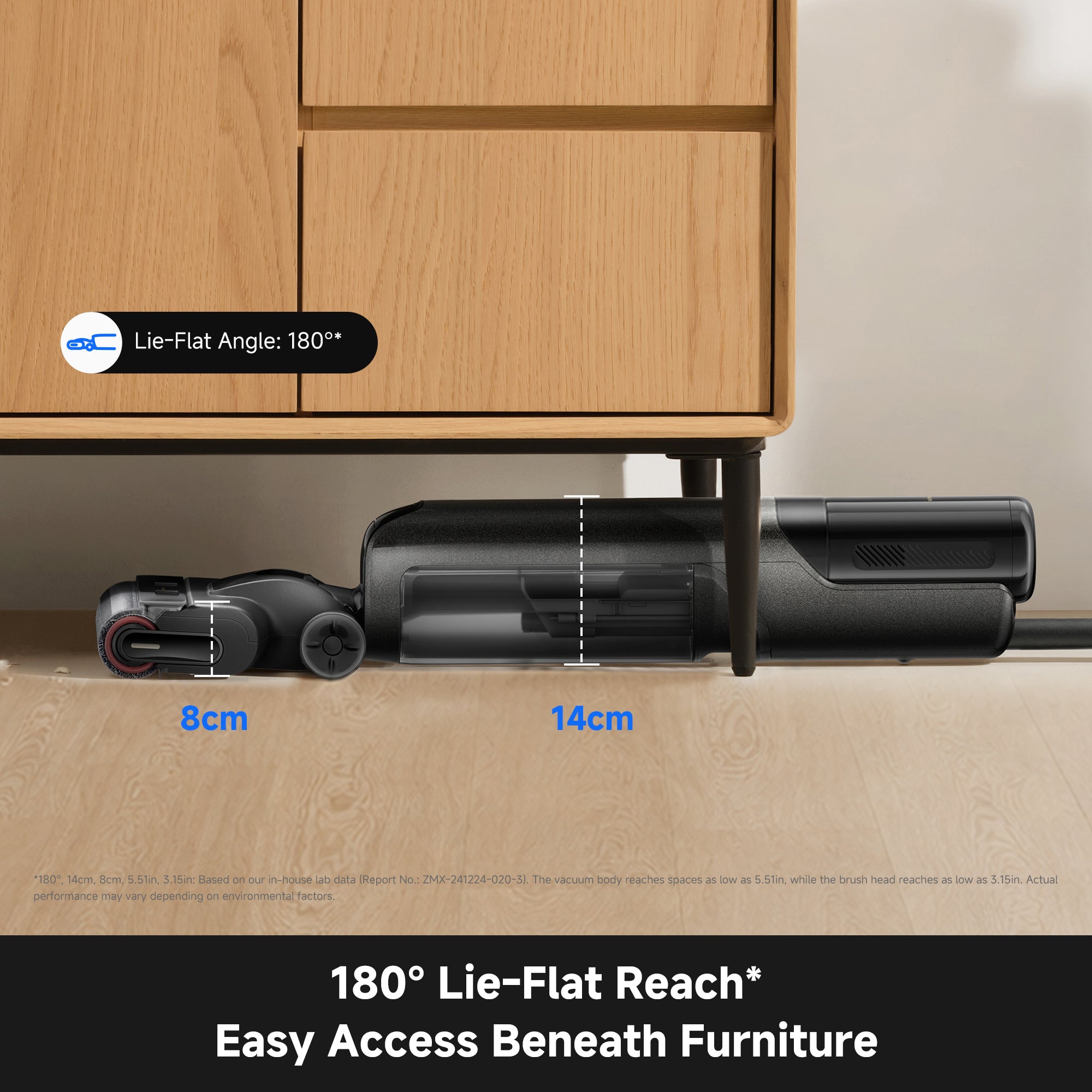 MOVA K30 Plus floor washer reaching under furniture with rotating nozzle and gray roller
