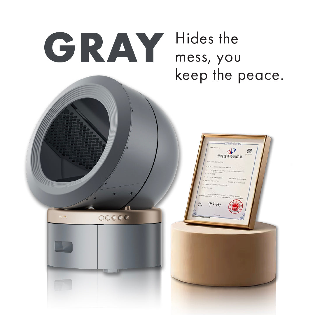 Gray smart pet litter box with open hood and screen panel, compact design.