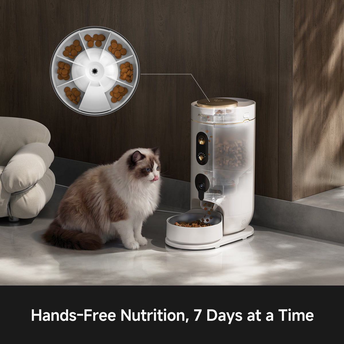 White MOVA smart pet feeder with transparent hopper and small feeding bowl