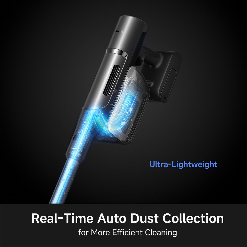 Handheld portion of cordless stick vacuum with blue-lit airflow opening
