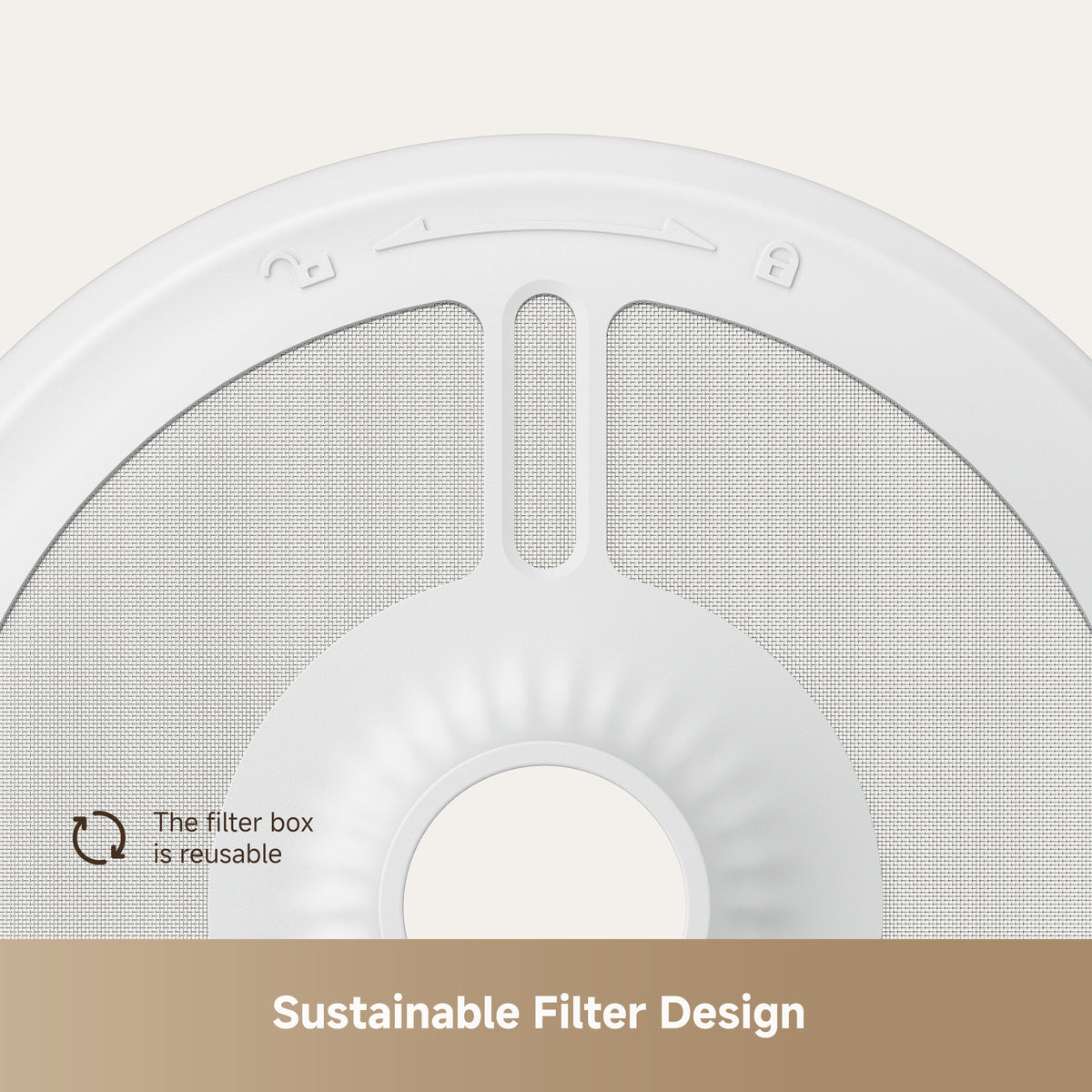 Reusable filter box close-up with gray mesh cover on pet water fountain