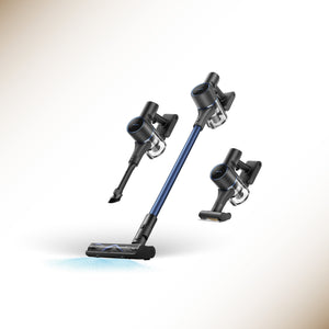 MOVA cordless stick vacuum with blue handle and two rotating floor nozzles