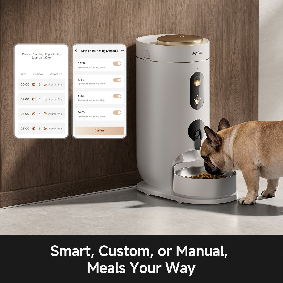 White MOVA smart pet feeder beside a tablet-style scheduling display