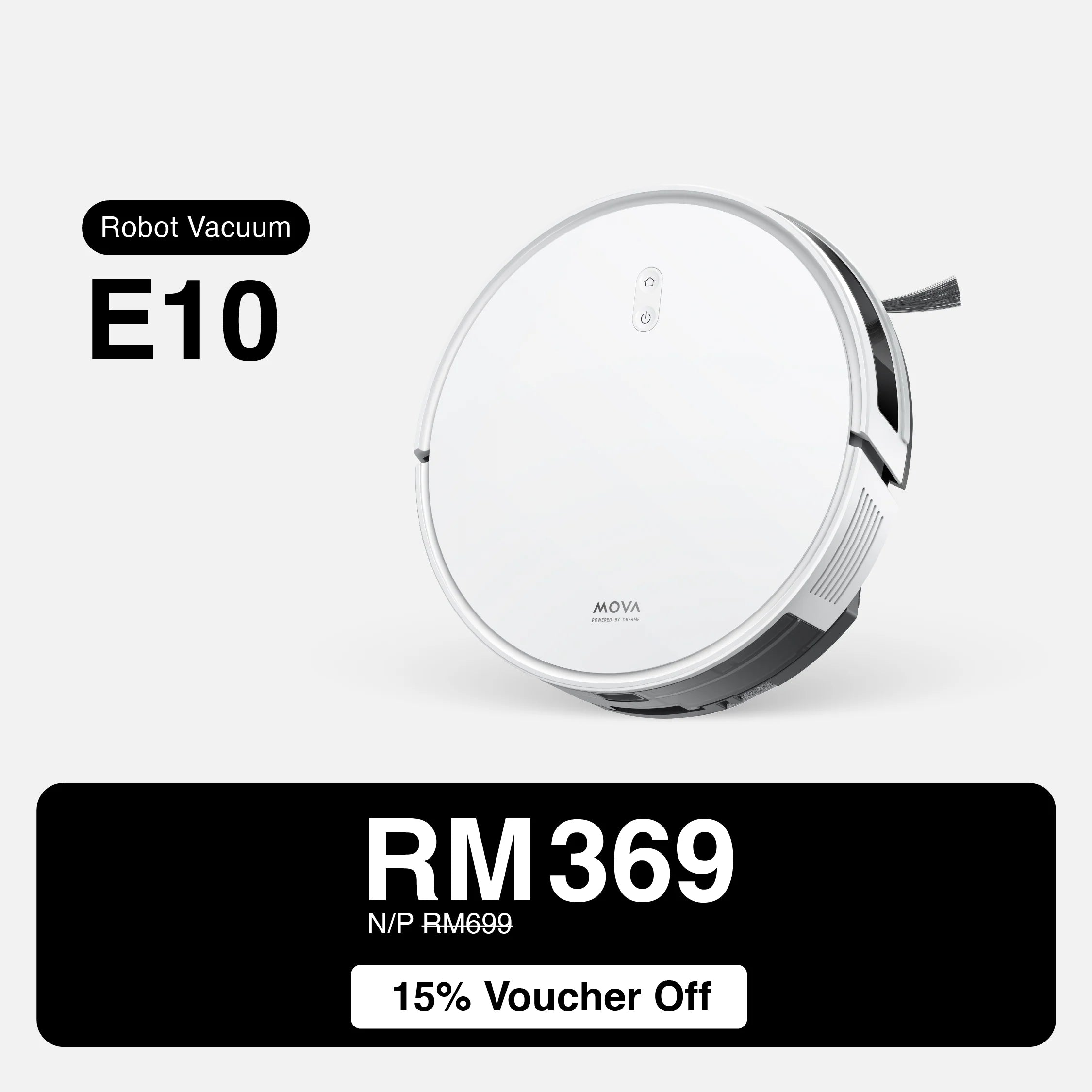 White round robot vacuum with side brush, front view