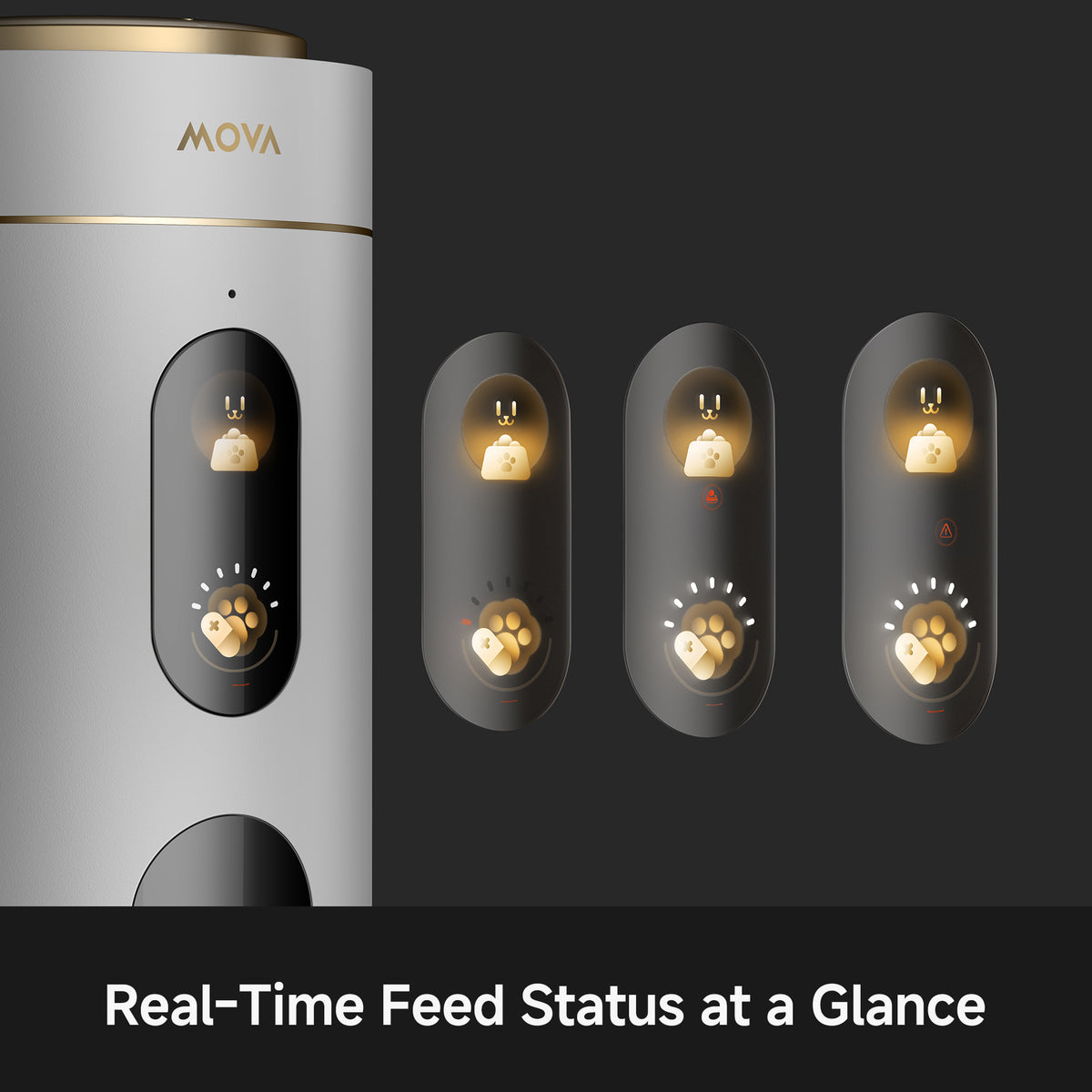 White MOVA smart pet feeder with illuminated status icons on side panel