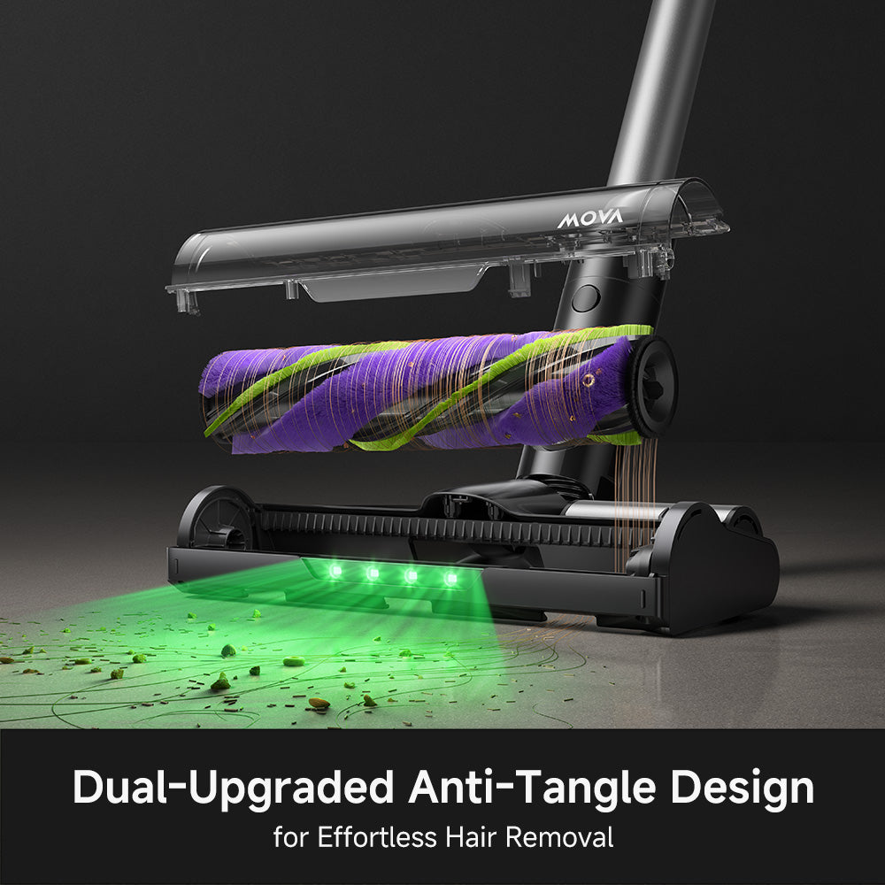 Cordless stick vacuum floor head with green-lit anti-tangle roller brush