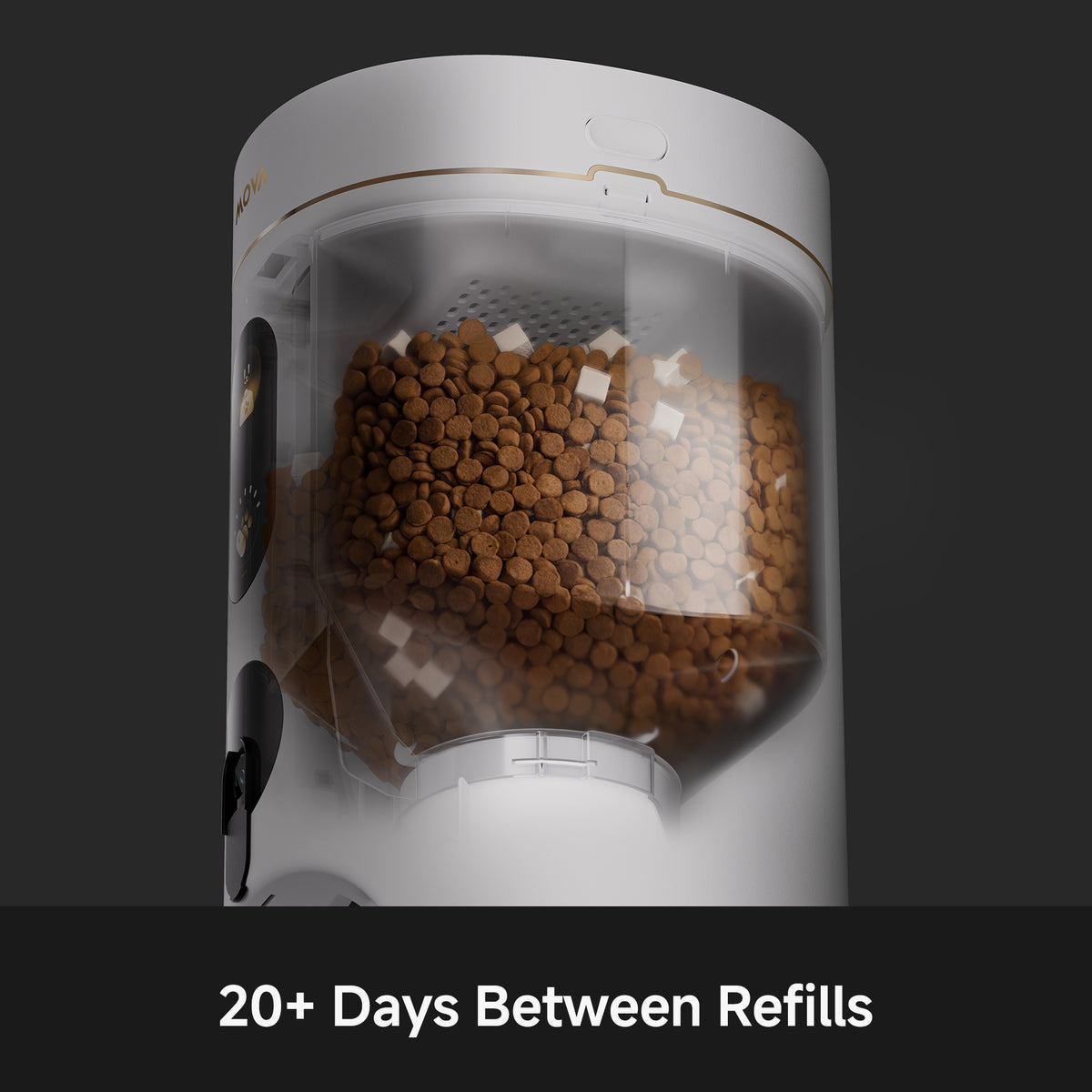 MOVA smart pet feeder with transparent hopper filled with dry kibble