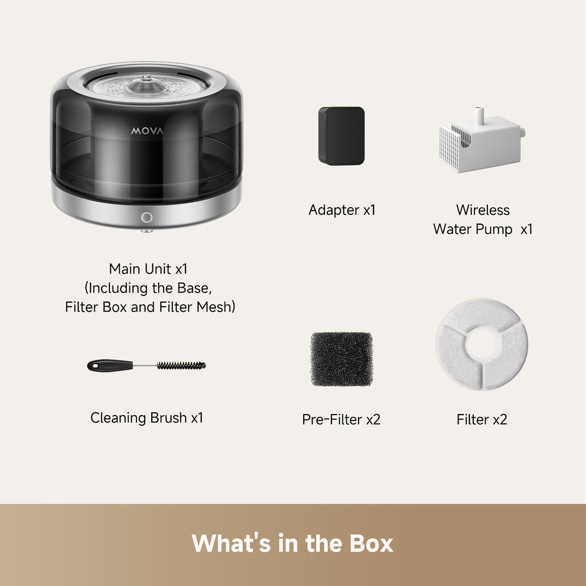 Pet water fountain box contents: main unit, filters, cleaning brush, pre-filter pads