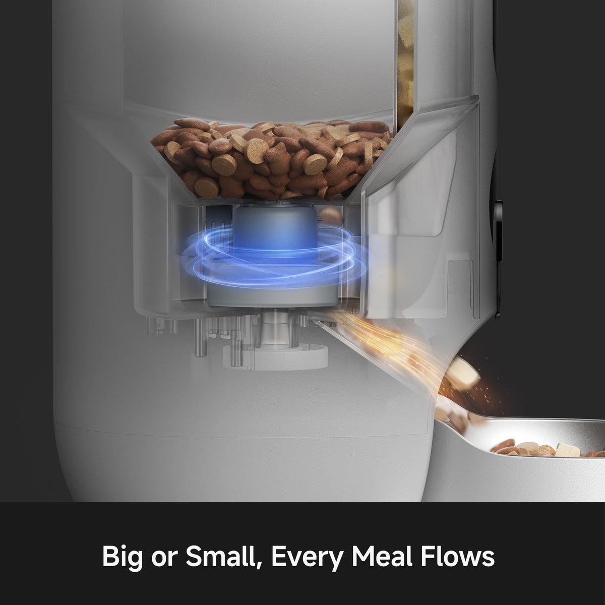 MOVA smart pet feeder with open internal tray distributing kibble