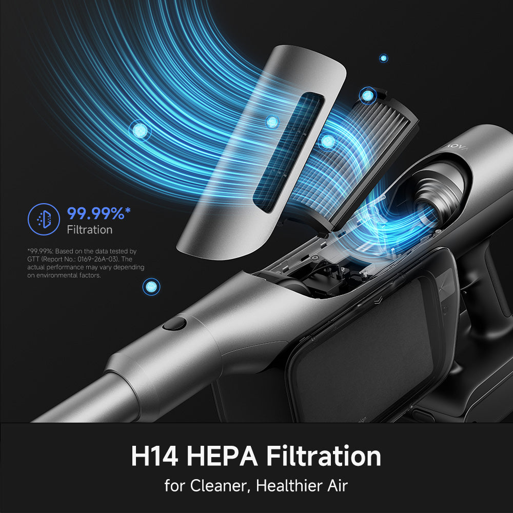 Cordless vacuum with HEPA filter section and blue airflow fan inside