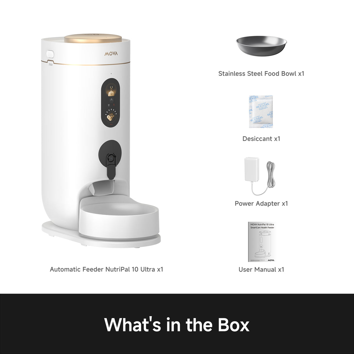 MOVA smart pet feeder kit contents: feeder, food bowl, adapter, desiccant, manual