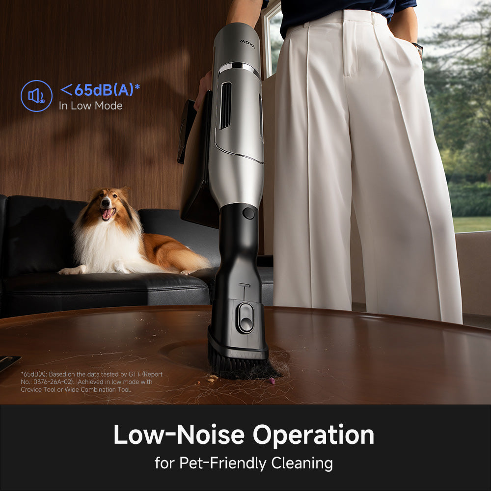 Cordless stick vacuum being used near a seated dog on a couch