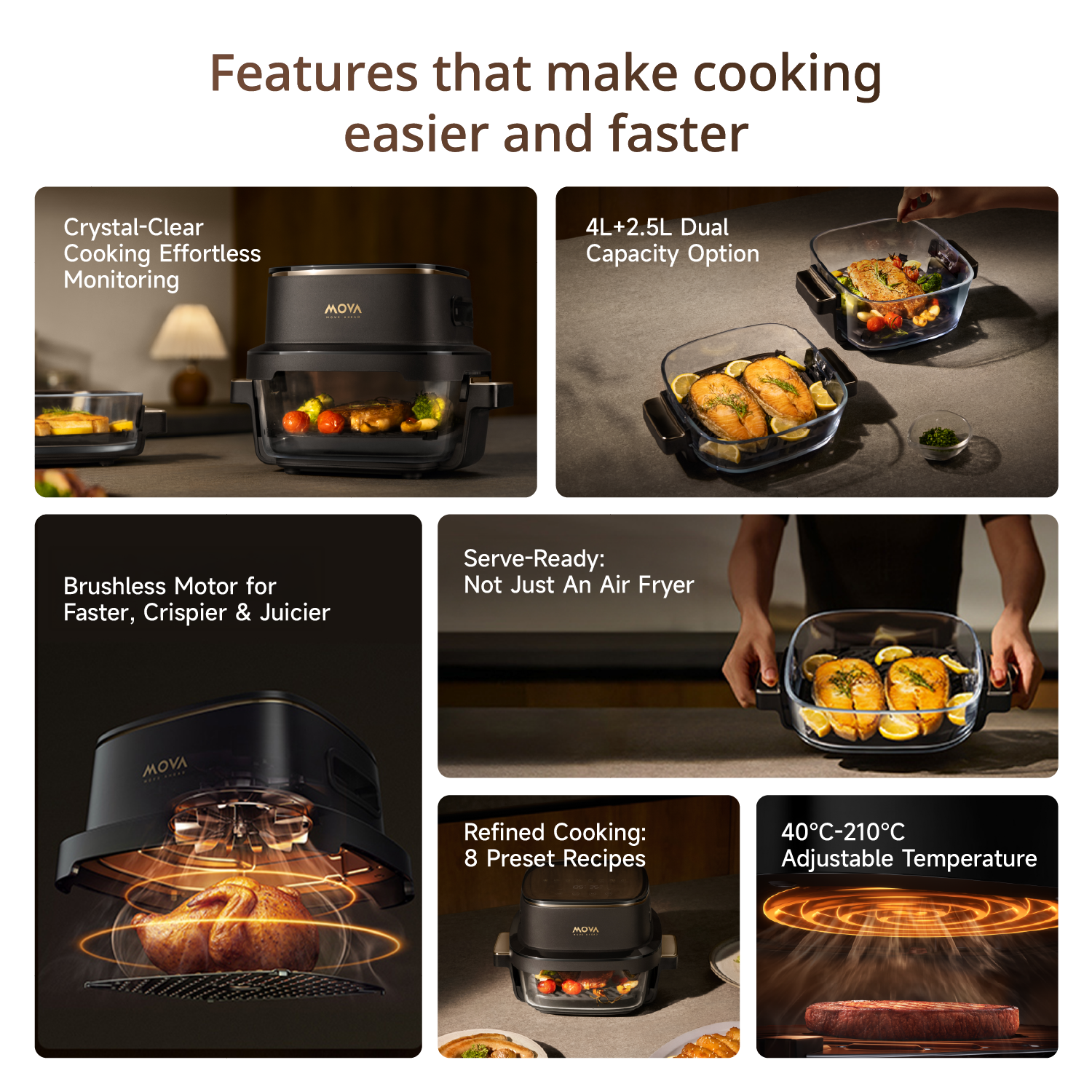 Dual-glass air fryer with dark base and clear cooking pod, showing roasted food inside.