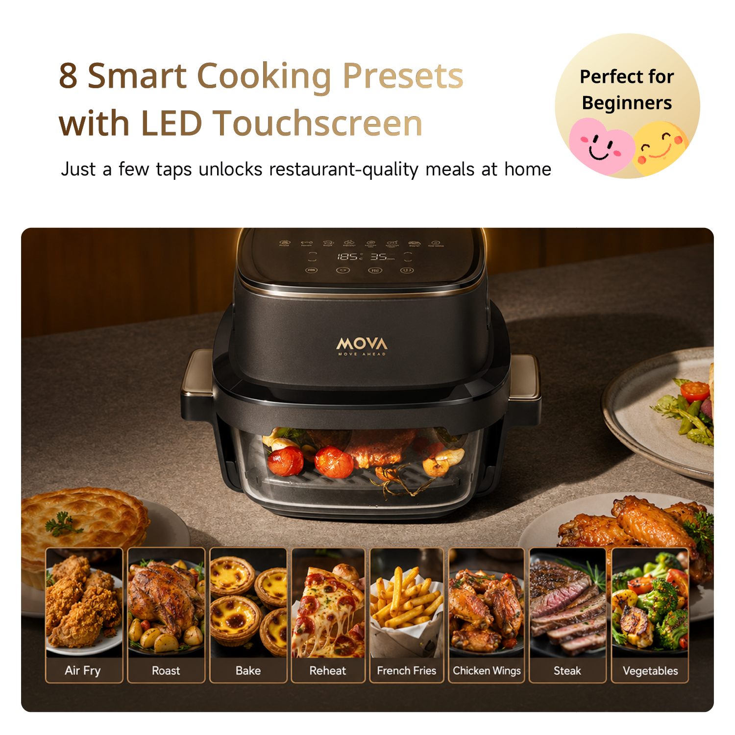 Air fryer front view with clear basket showing assorted cooked foods and touch control panel.