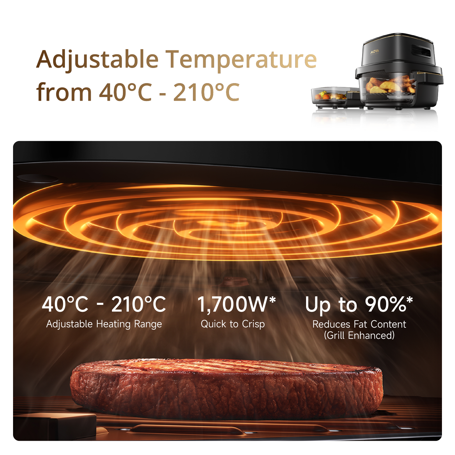 Adjustable temperature air fryer with glowing heating ring effect and cooking chamber view.