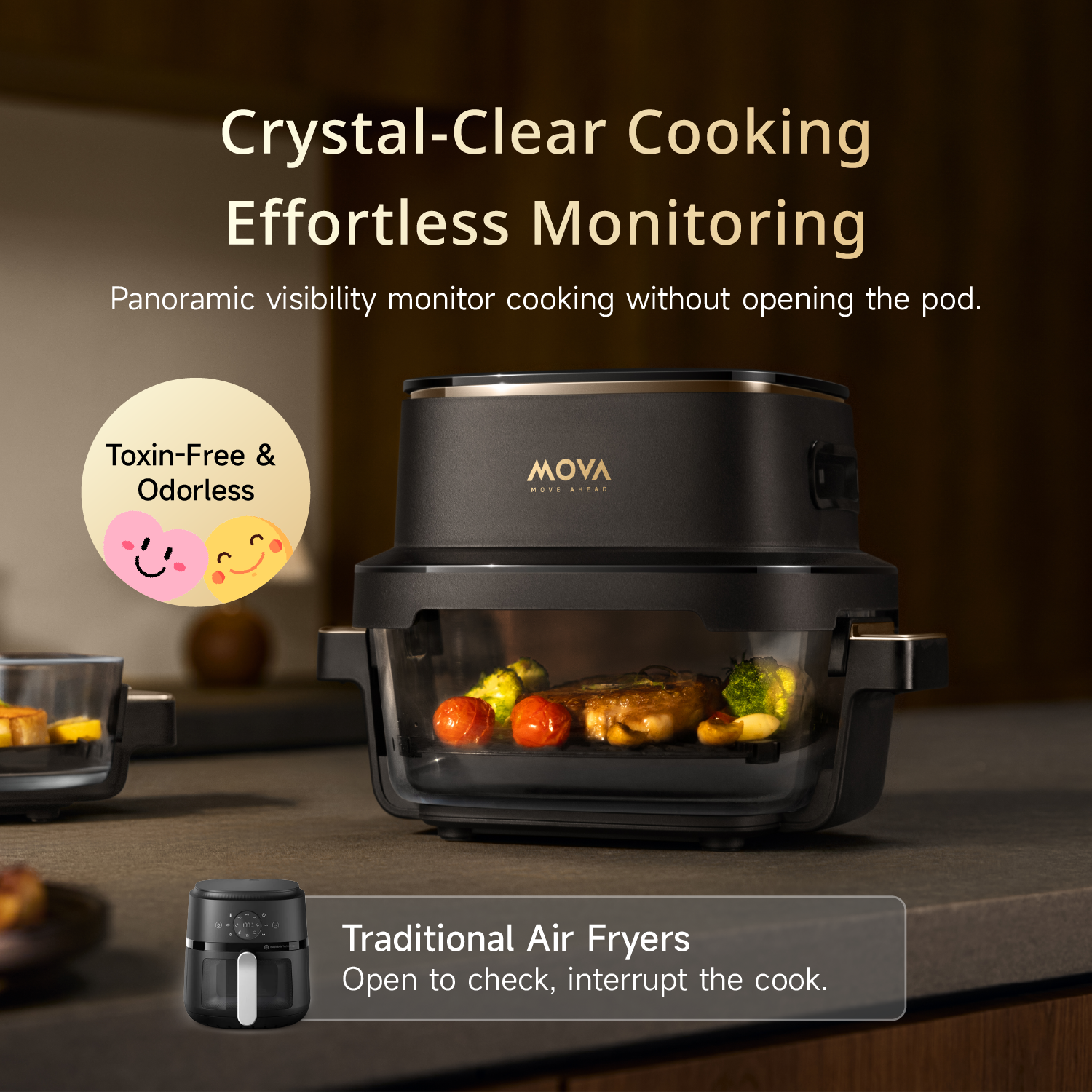 Air fryer with panoramic clear cooking window and food inside, front control area visible.