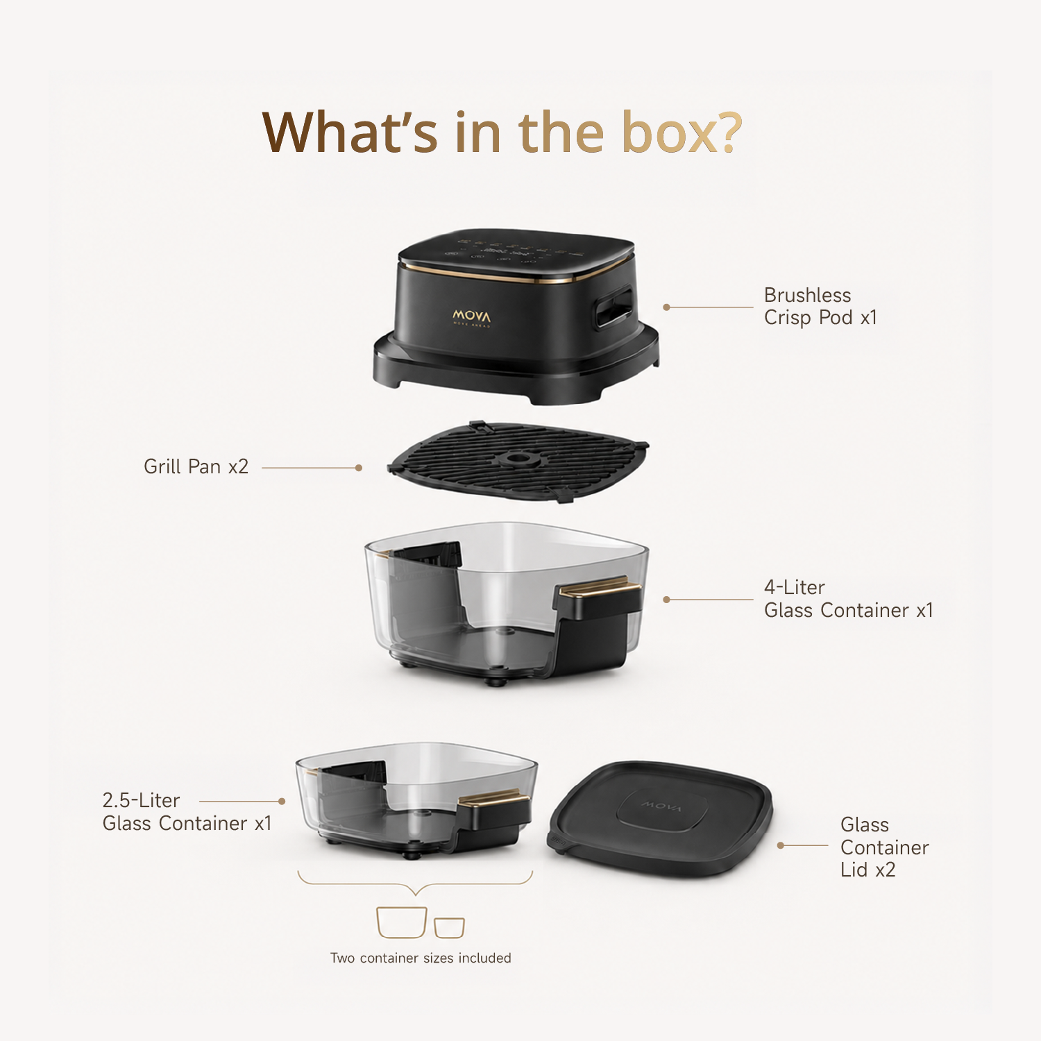 Air fryer main unit with included grill pan and 4-liter glass container and lids shown.