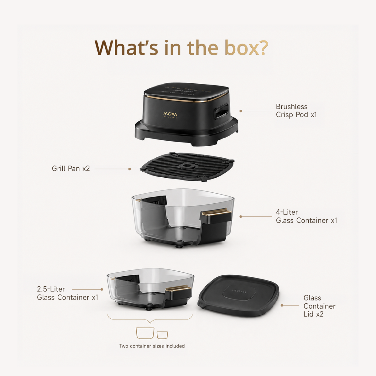 Air fryer box contents: grill pan, glass containers, and crisp lid