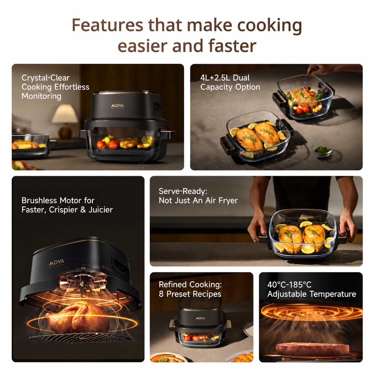 MOVA AF20 Pro Aeroglass air fryer with viewing window and black countertop design