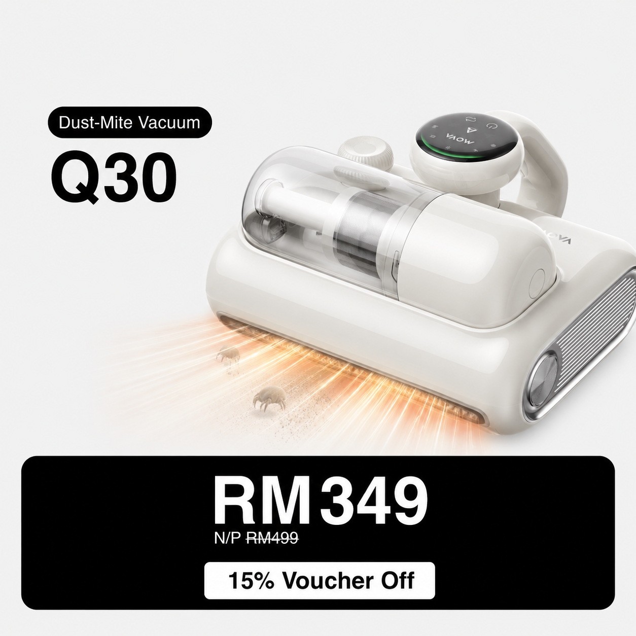 White MOVA Q30 dust-mite vacuum with glowing brush airflow and Q30 label