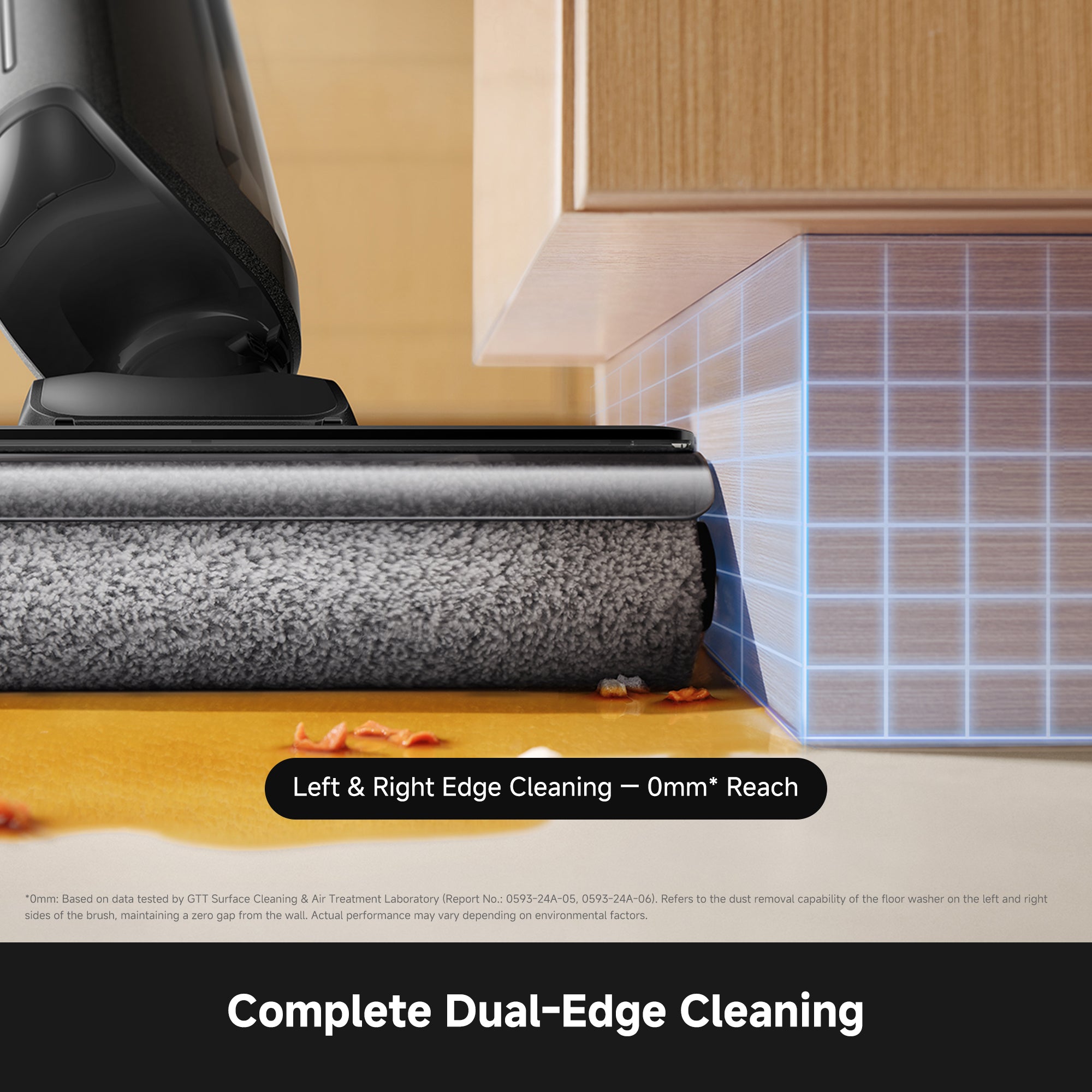 MOVA K30 Plus floor washer head with gray roller brush cleaning along an edge