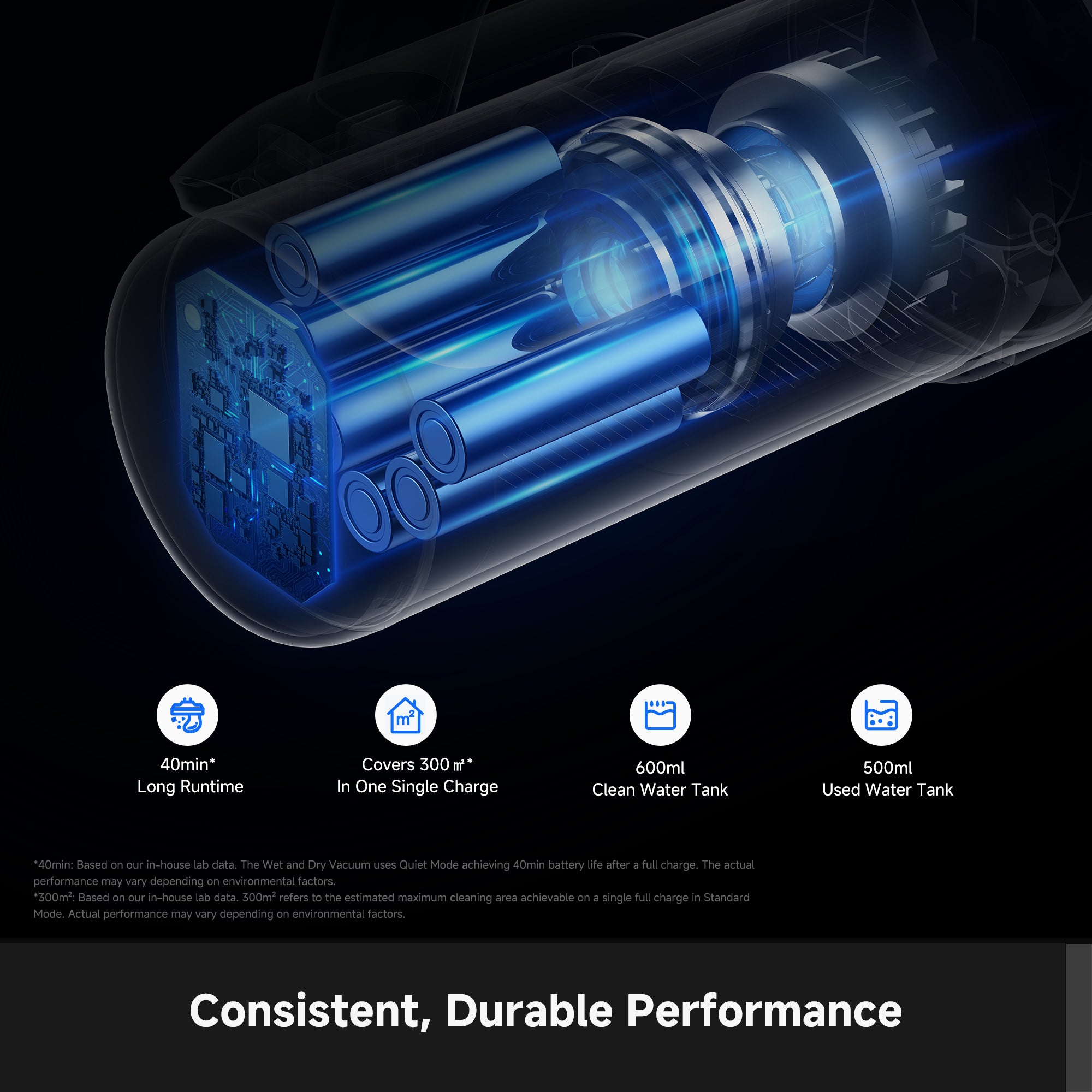 MOVA K30 Plus vacuum motor canister with blue-lit internal components