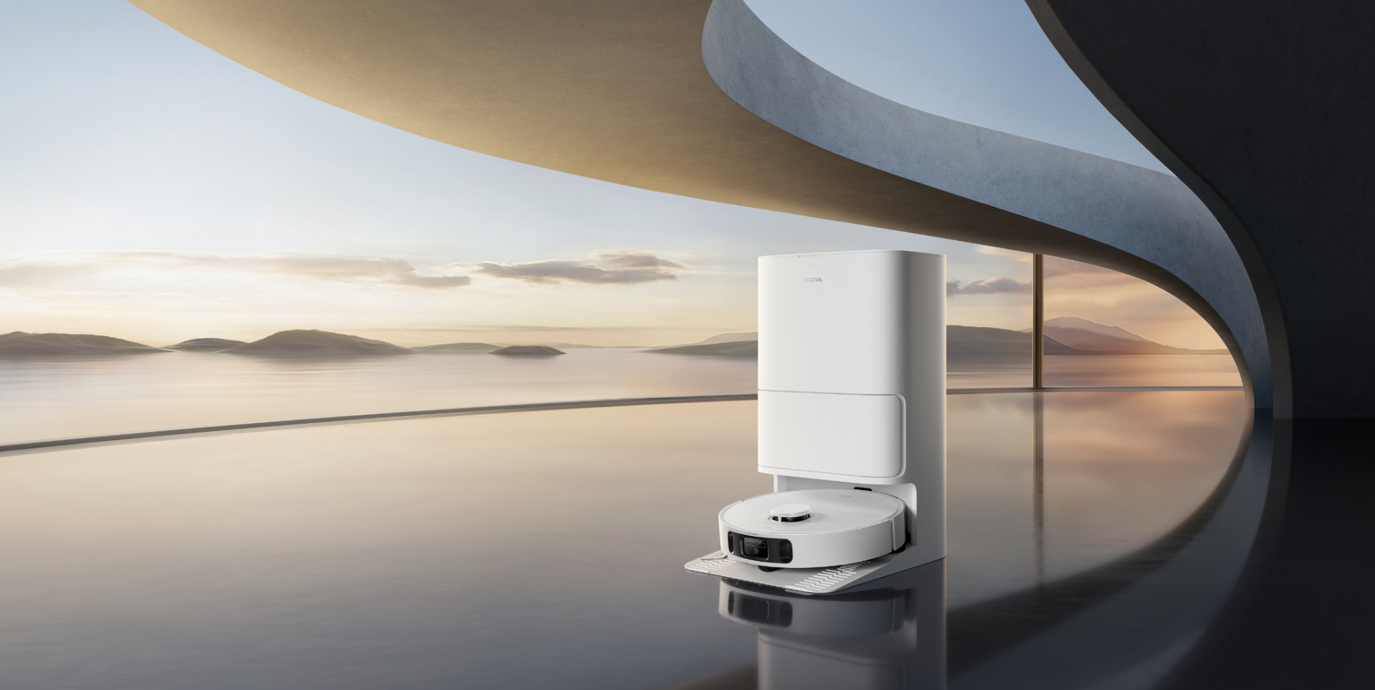 Robotic vacuum cleaner on a reflective surface with a futuristic design