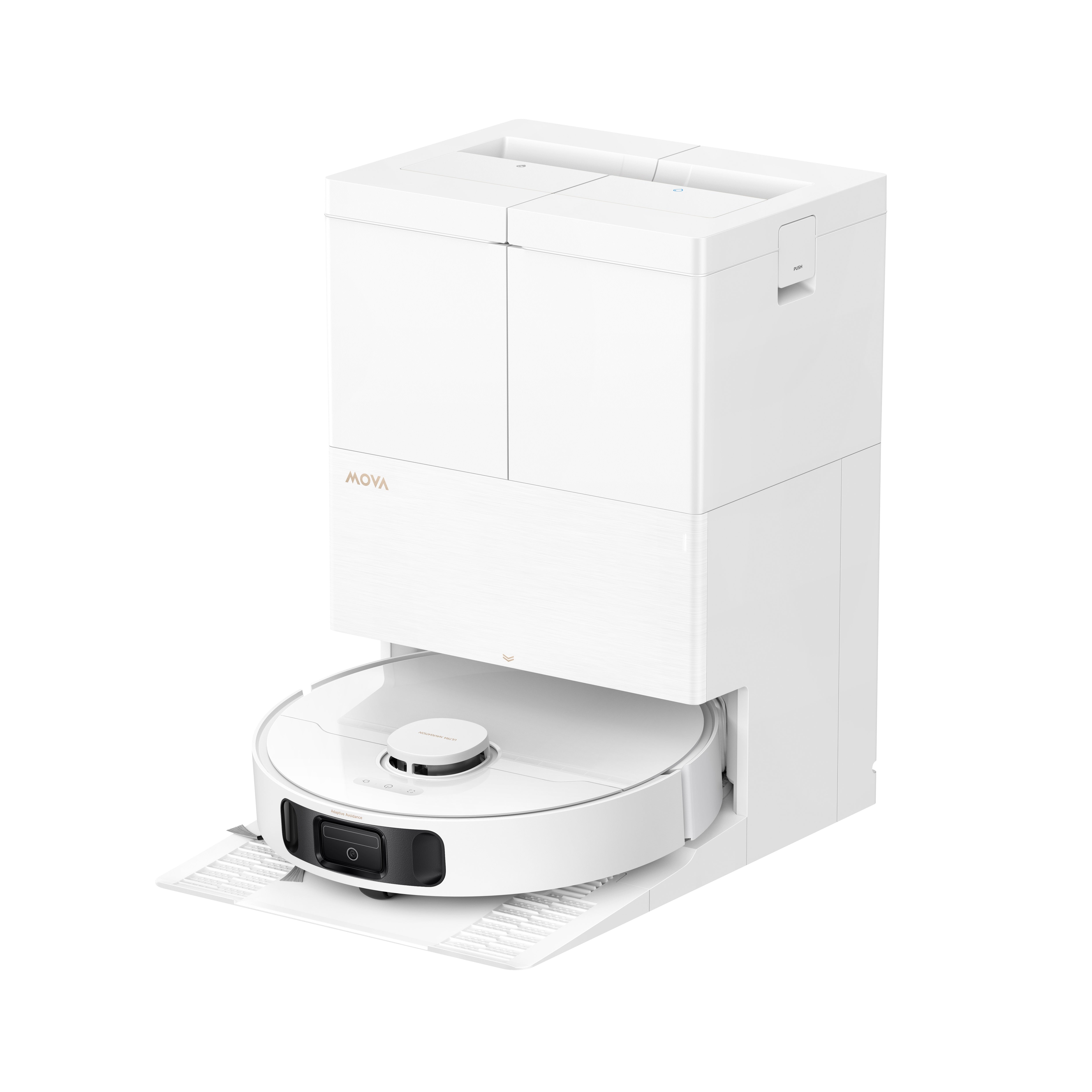 White smart robot vacuum with docking base and charging platform