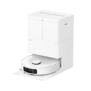 White smart robot vacuum with docking base and charging platform