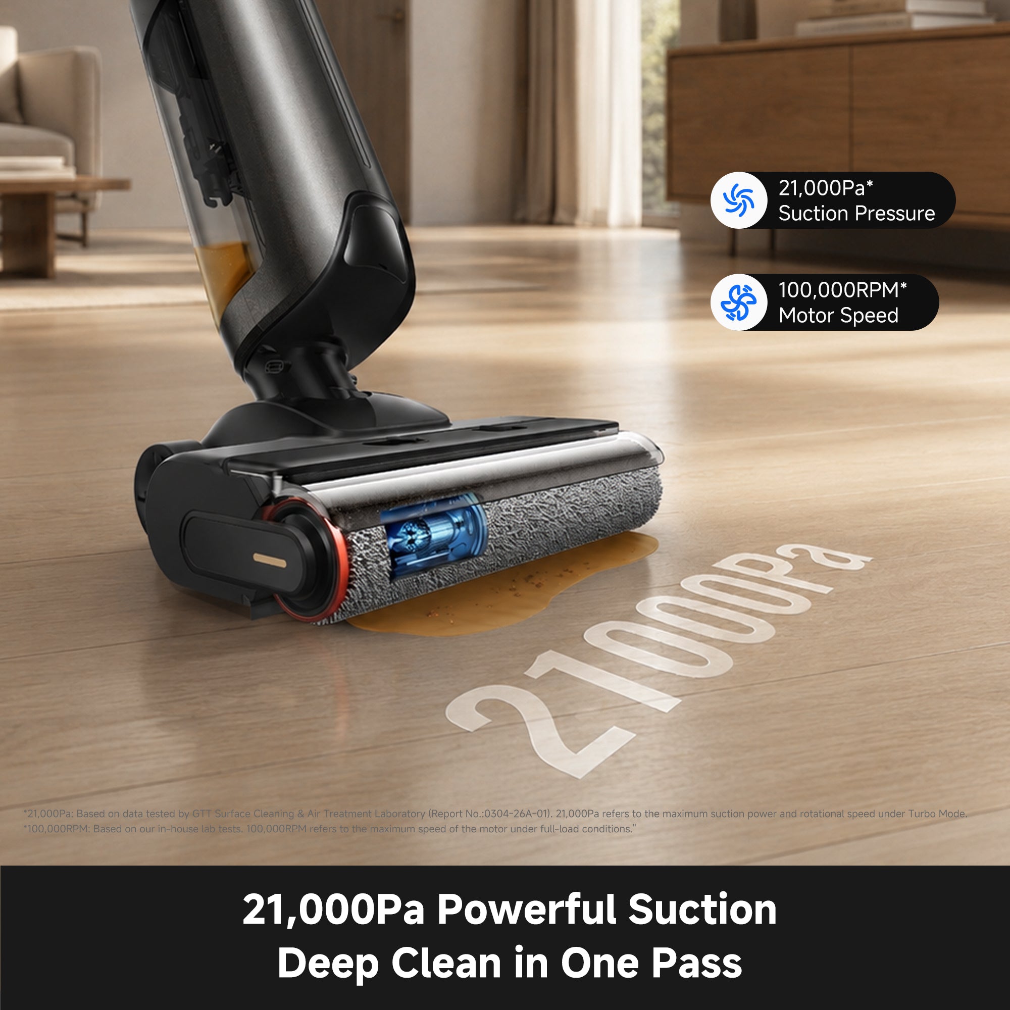 MOVA K30 Plus floor washer nozzle with gray roller brush on wood-style floor
