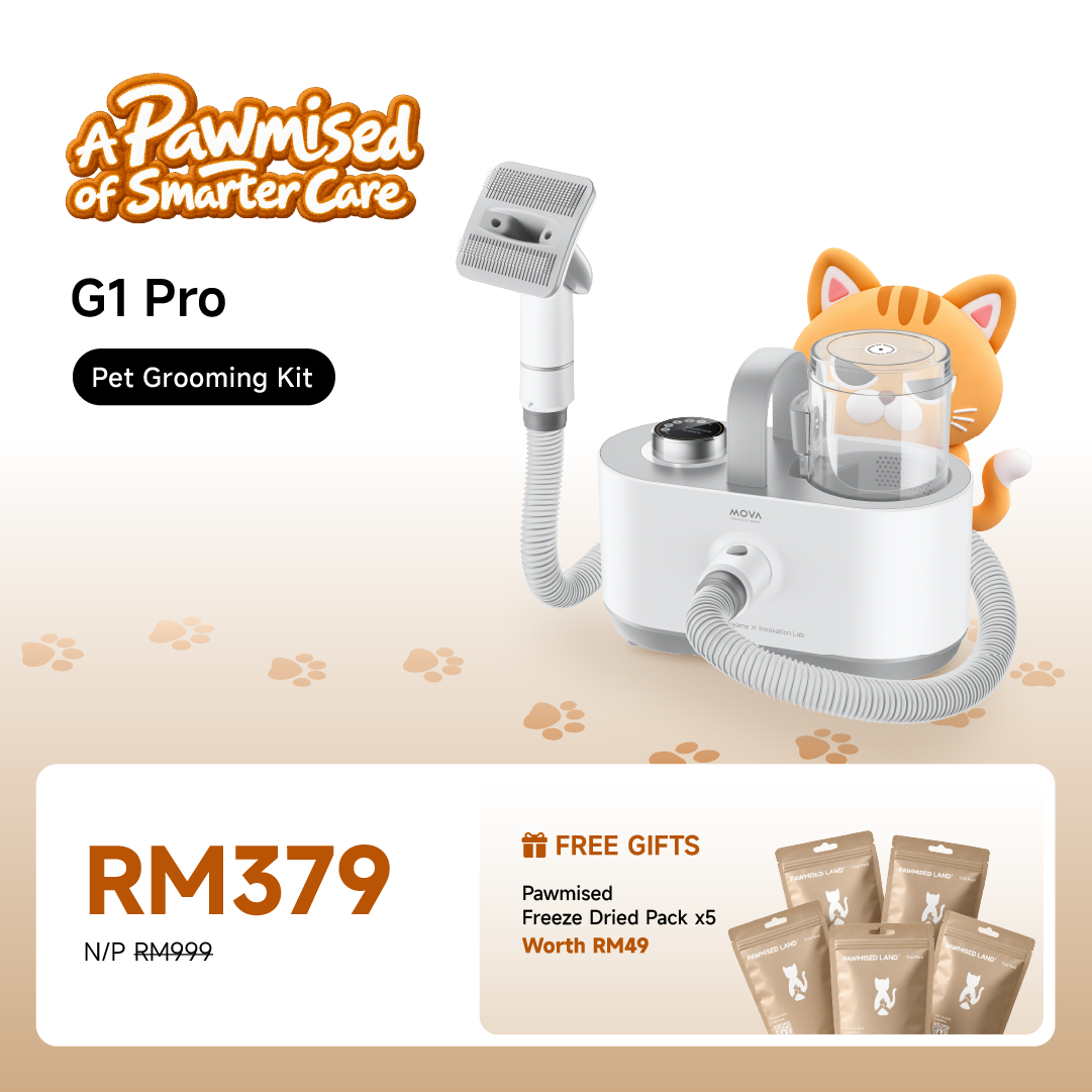 Pet grooming vacuum kit with white base unit, hose, and brush attachment