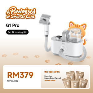 Pet grooming vacuum kit with white base unit, hose, and brush attachment