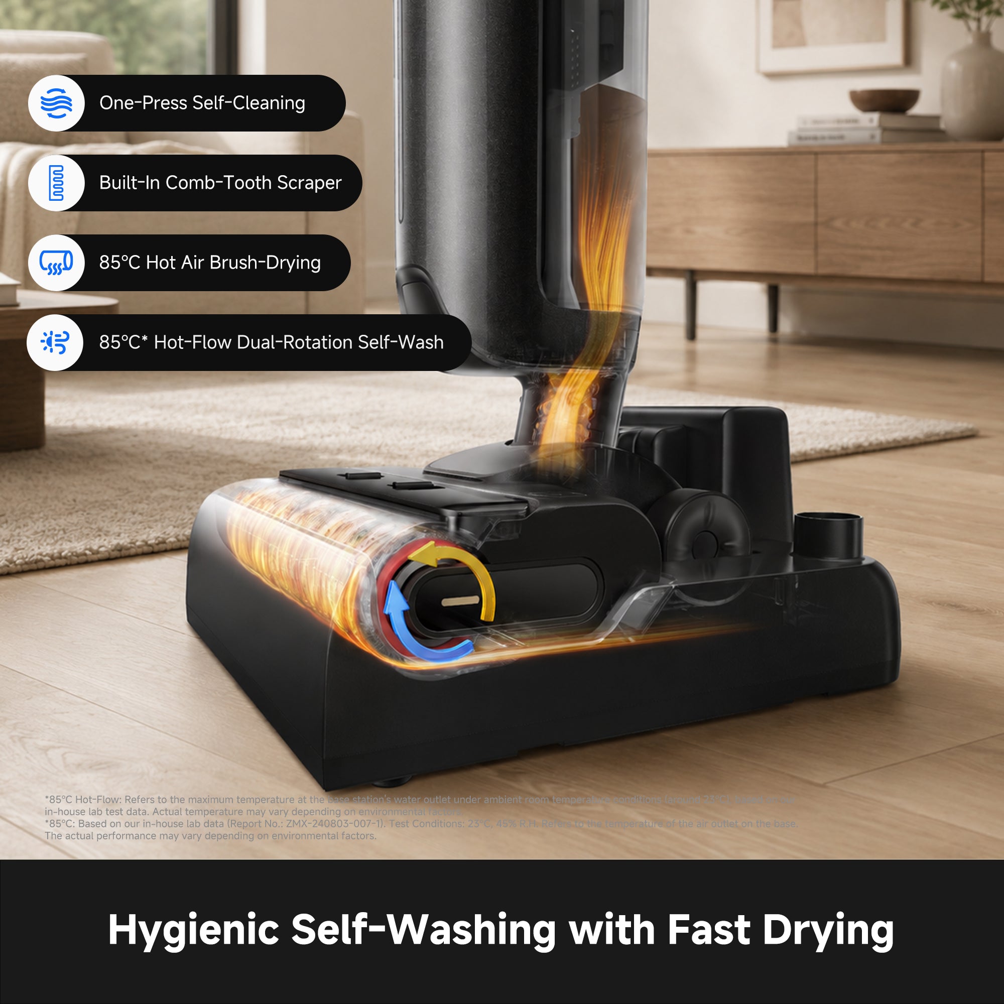 MOVA K30 Plus floor washer base with gray self-washing roller brush and nozzle