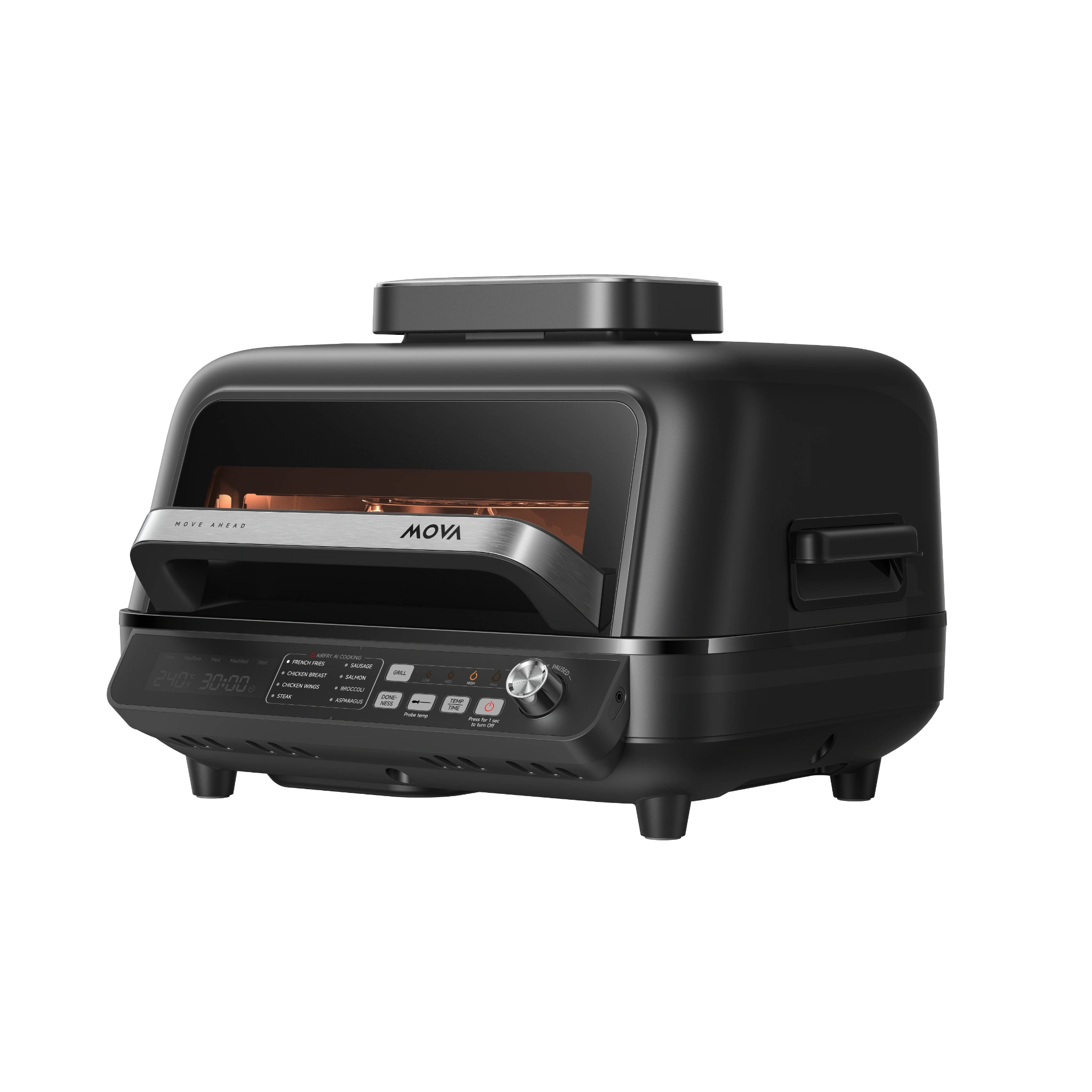 Black multi-grill air fryer appliance with front control panel and viewing window