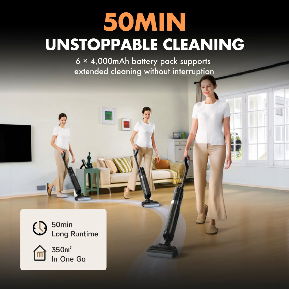 Wet dry floor washer vacuum cleaner standing in a living room with upright handle