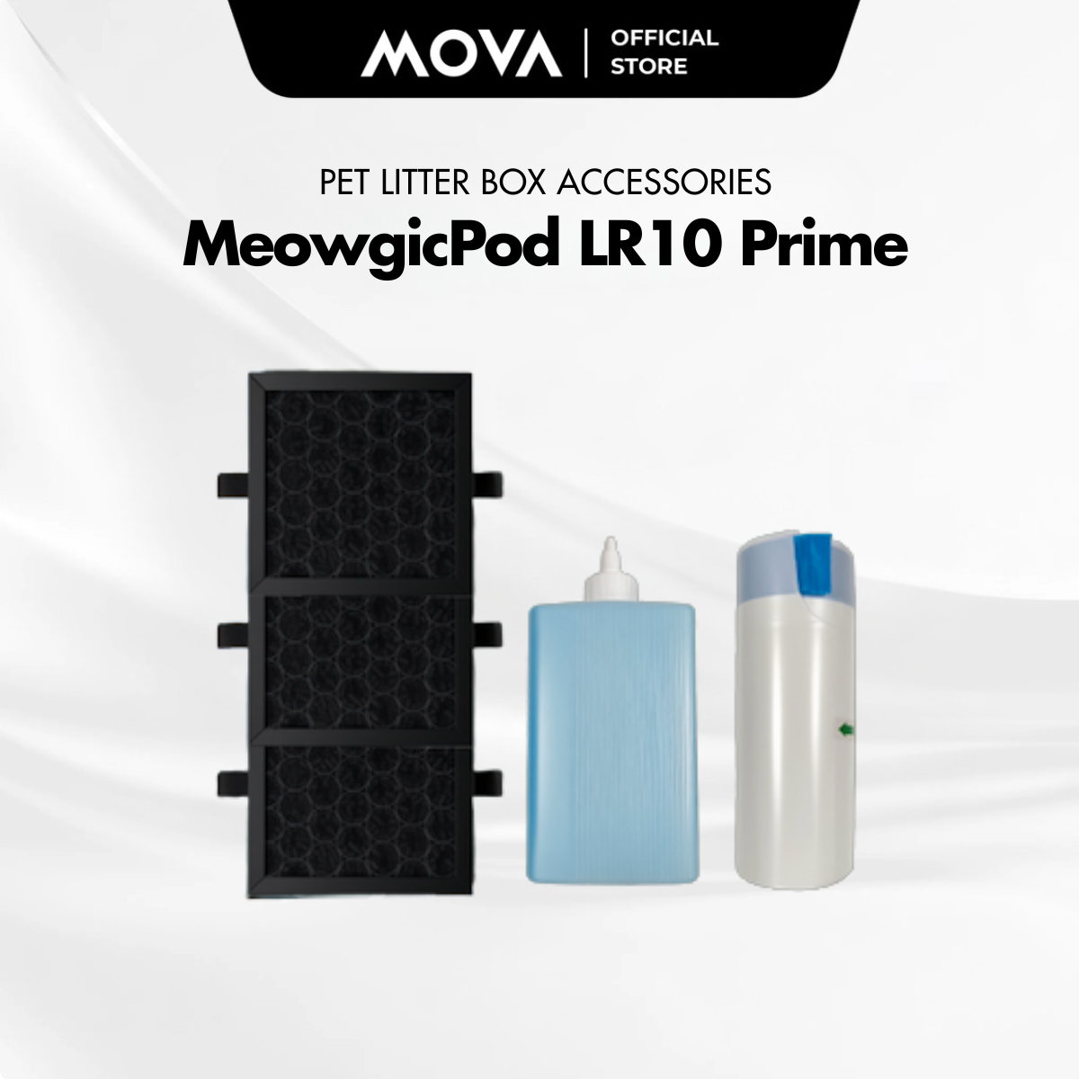 MOVA MeowgicPod LR10 Prime accessories pack: filter boxes, blue filter, odor liquid bottle