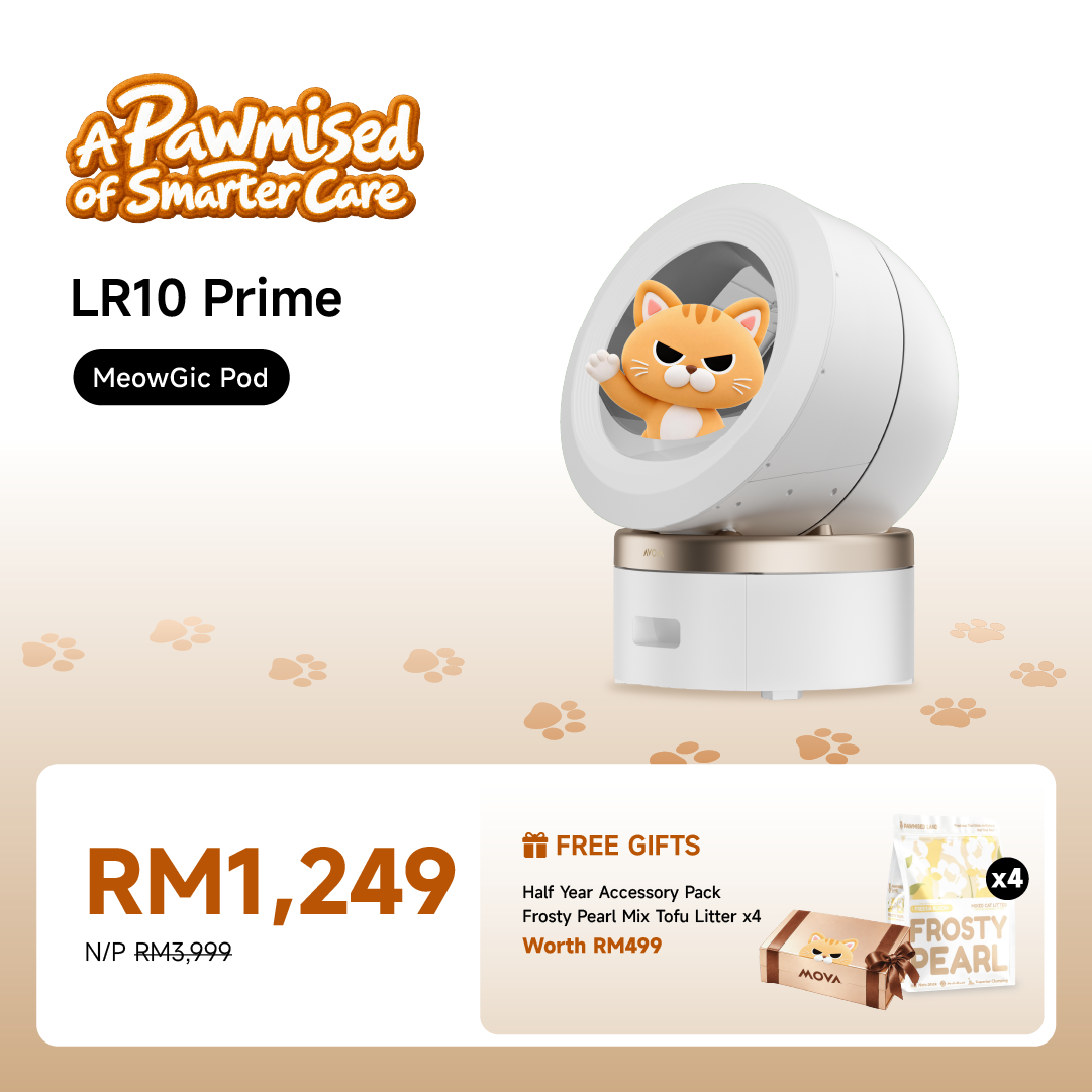 Pearl white enclosed smart pet litter box with a cat sitting inside the viewing window