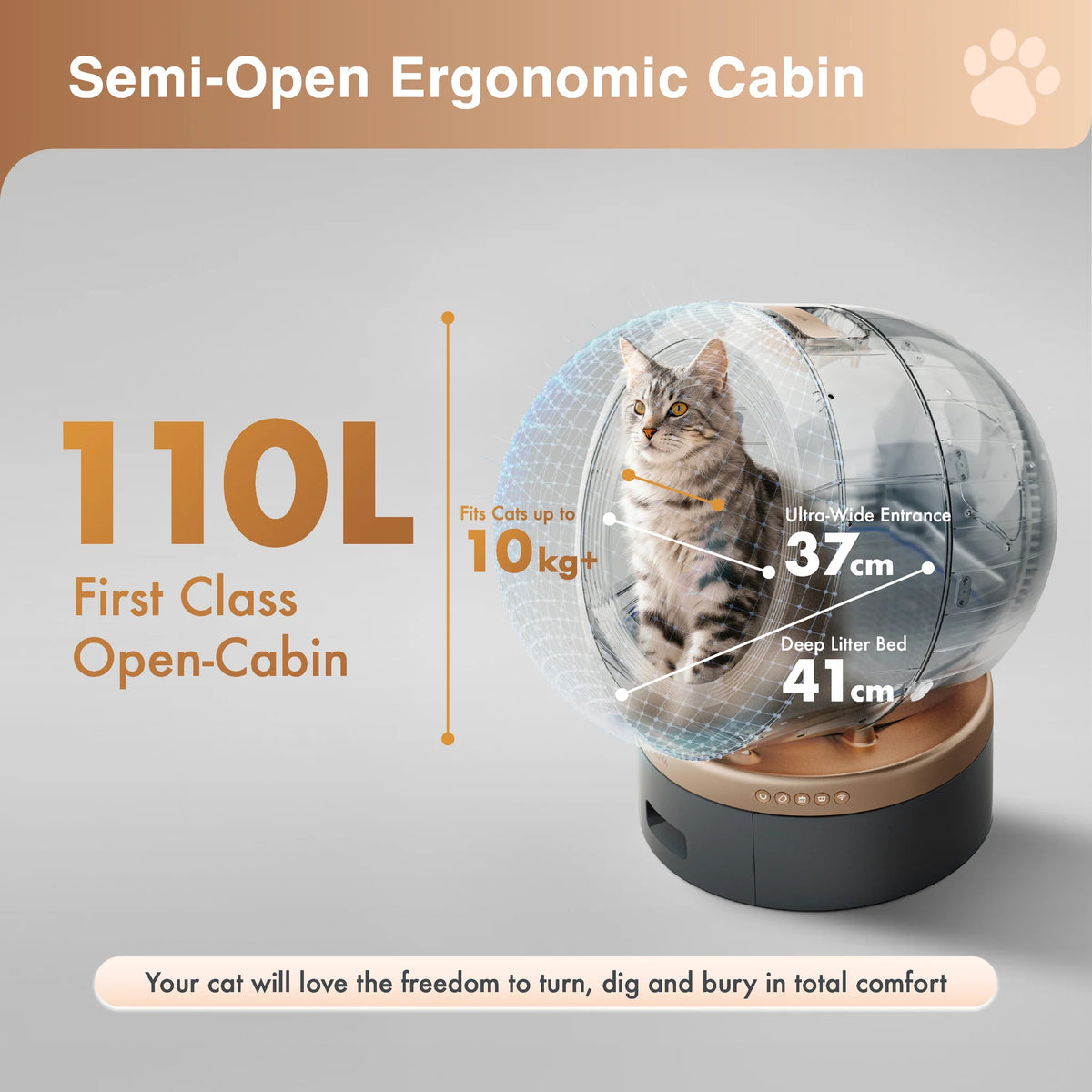 Grey self-cleaning cat litter box with semi-open rounded cabin and front base