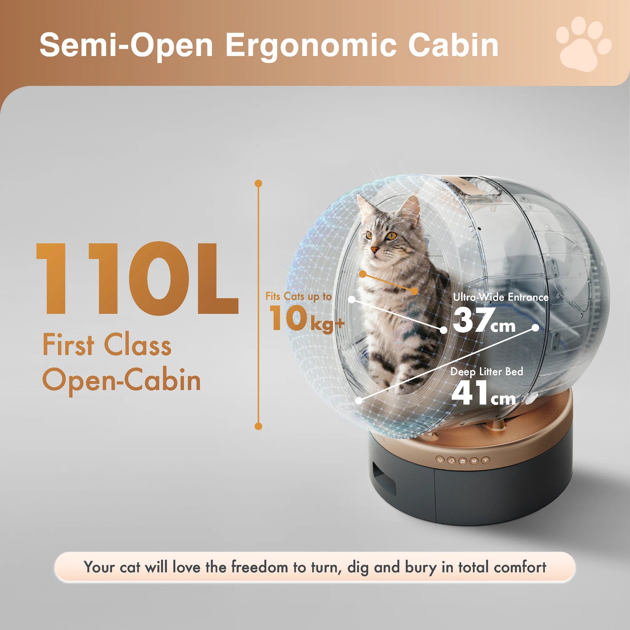 Grey self-cleaning cat litter box with semi-open rounded cabin and front base