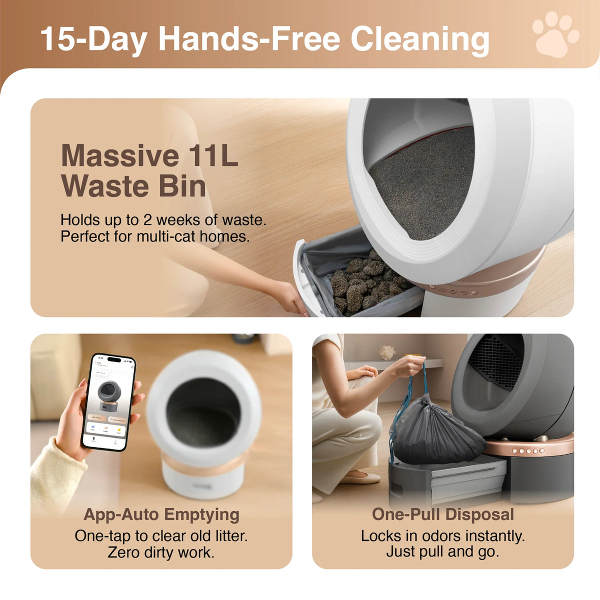 Grey self-cleaning smart cat litter box with open waste bin and round entry