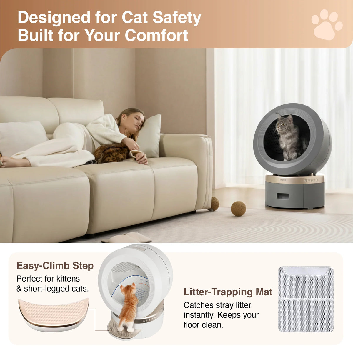 Grey self-cleaning cat litter box with semi-open cabin, plus step mat accessory