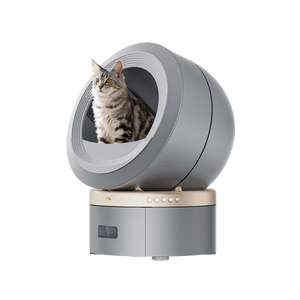 Smart pet litter box with round hood entrance, gray finish, cat sitting inside