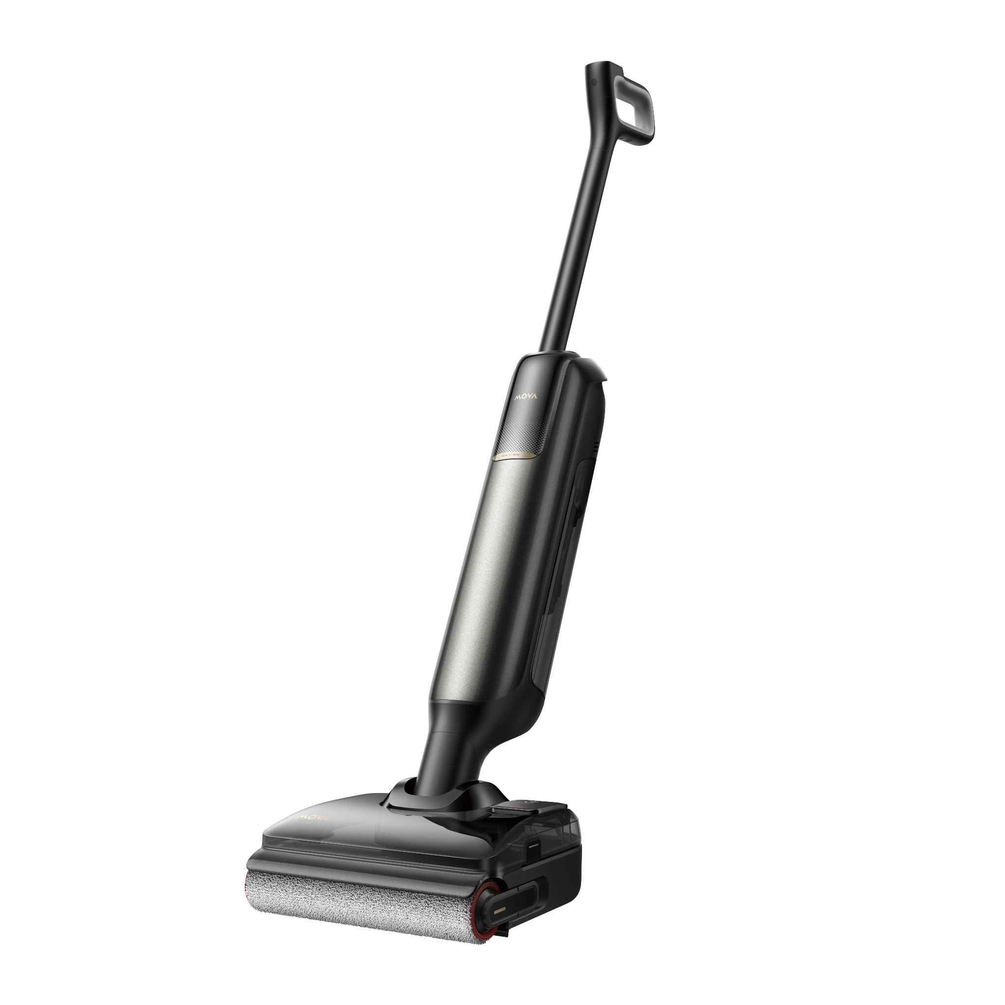 Wet-dry floor washer vacuum with upright handle and front cleaning head, black and gray