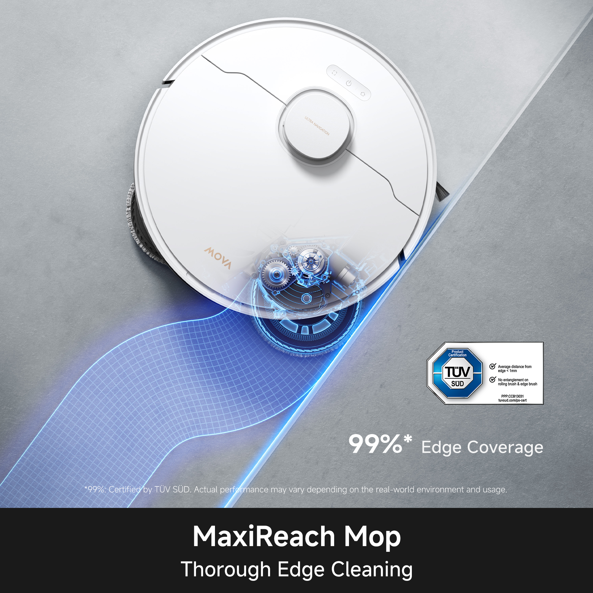 Top view of a white robot vacuum on a corner with blue edge-lighting