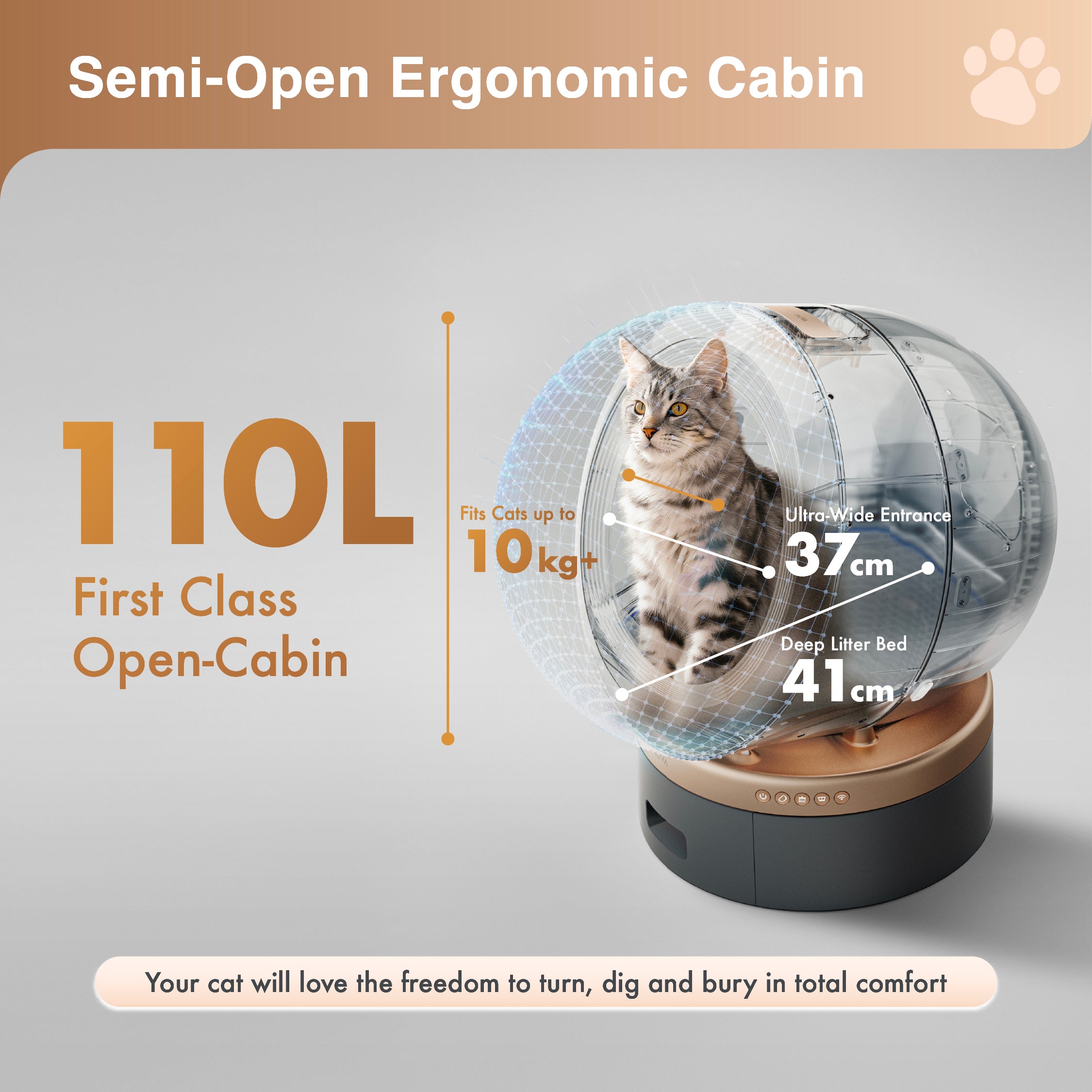 Gray smart pet litter box with semi-open cabin and wide round entry door