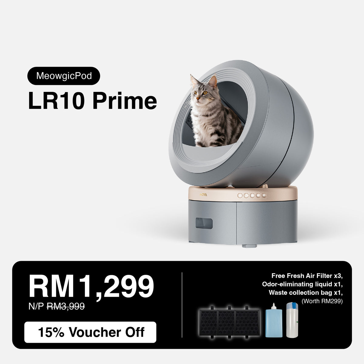 Grey self-cleaning smart cat litter box with circular entrance and a cat inside