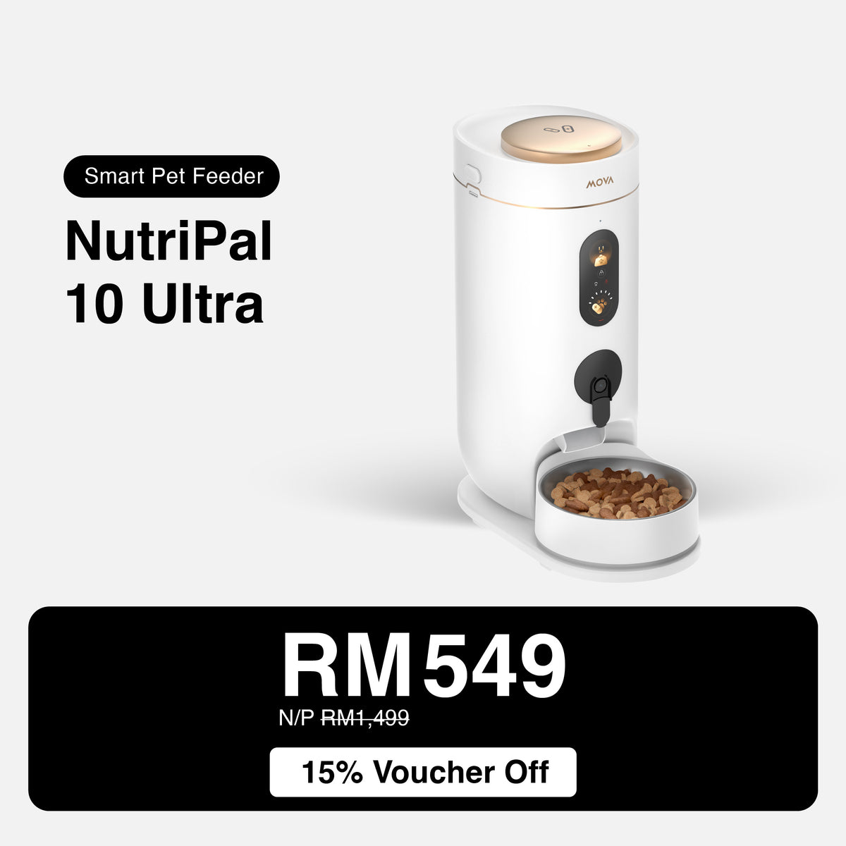 Smart pet feeder with bowl and status panel, white body and beige top lid.